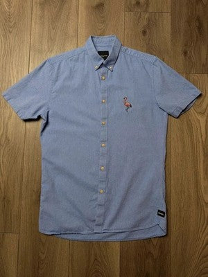Barney Cools Flamingo Embroidered Short Sleeve Shirt Mens Small Blue C